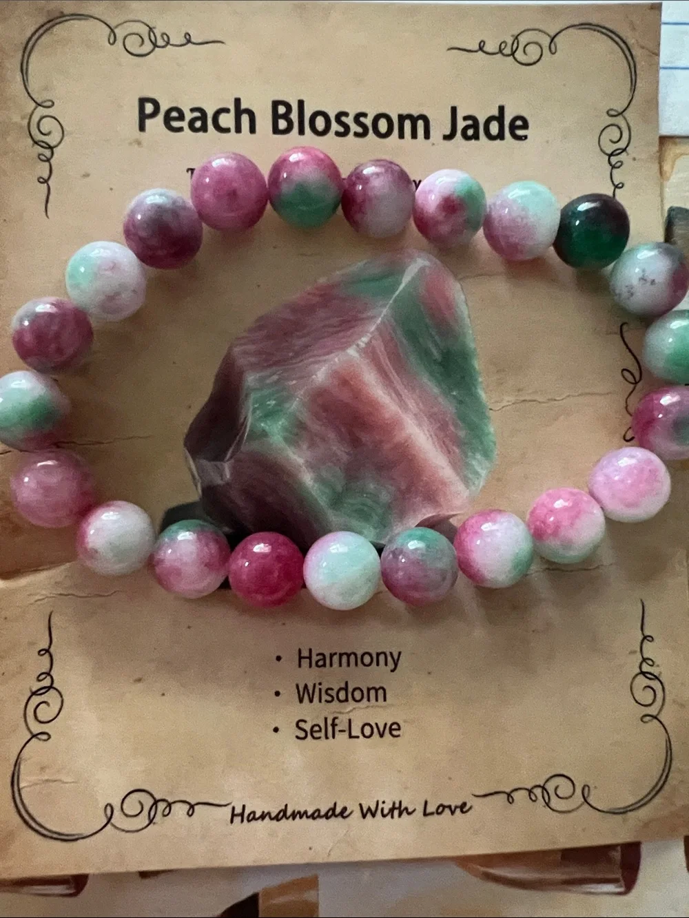 #2950 ** Peach Blossom Jade Beaded Bracelet - Pink & Green